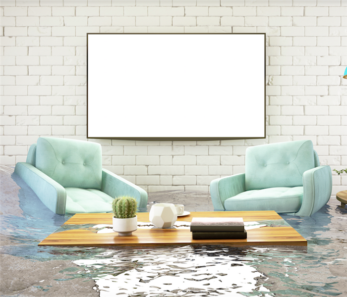 a flooded living room with furniture floating
