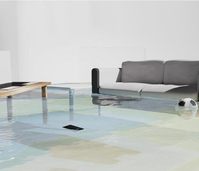 flooded living room with couch and coffee table
